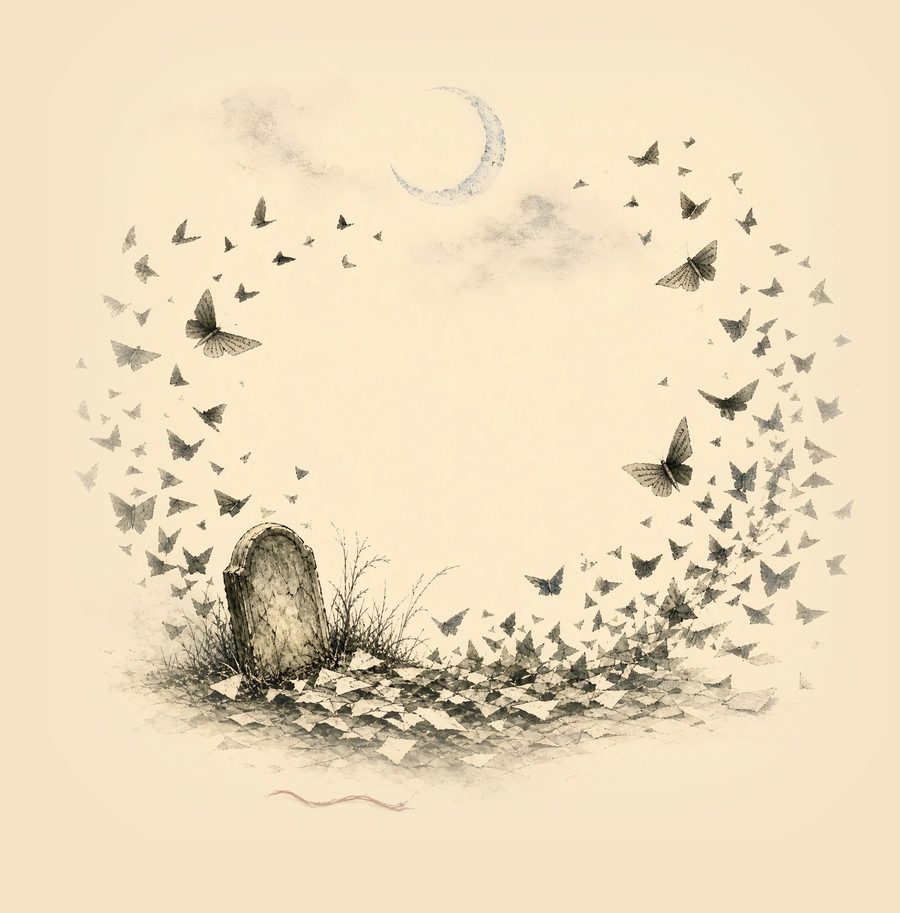 Back cover illustration: a ring of paper moths rises over a leaning gravestone under a thin crescent moon, with a red thread in the grass below.