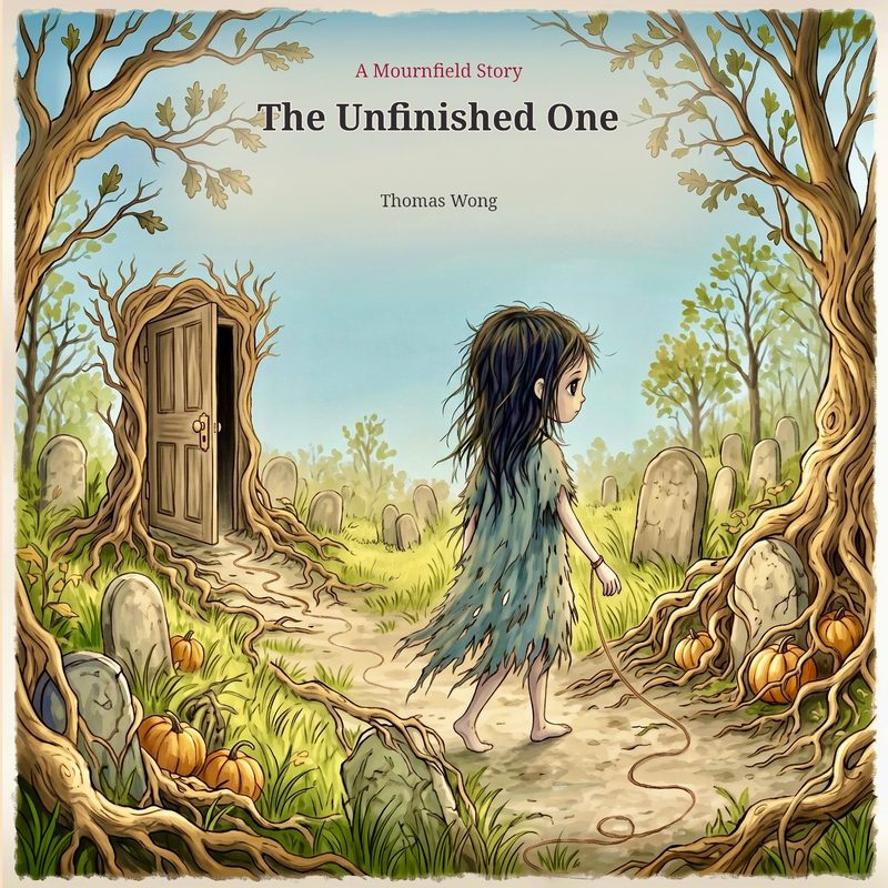 The Unfinished One front cover. A Mournfield Story by Thomas Wong. A girl with long dark hair in a torn blue dress walks barefoot along a graveyard path, trailing a thread, toward an open door held in tree roots, with pumpkins among the stones.
